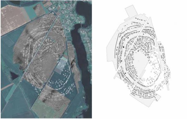 Plano arqueomagnético del mega-sitio Trypillia de Maidanetske, Ucrania (c. 3950-3650 a.C.), mostrando el arreglo concéntrico de casas, corredor de anillo circunferencial, área central abierta y casas de asamblea para vecindarios y cuartos. (Instituto de Arqueología Pre- y Protohistórica/ Universidad de Kiel)