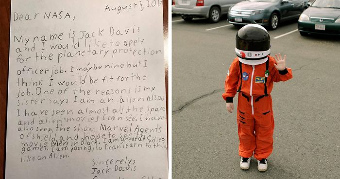 Niño está solicitando el trabajo de protector planetario de la NASA de la manera más linda